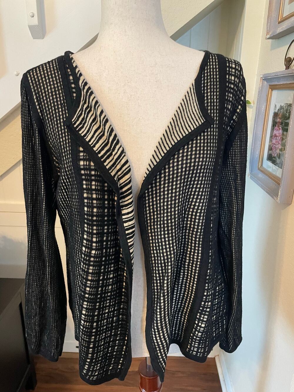 Sigrid Olsen Luxury Tussah Silk Blend Open Knit Cardigan Geometric Sweater M